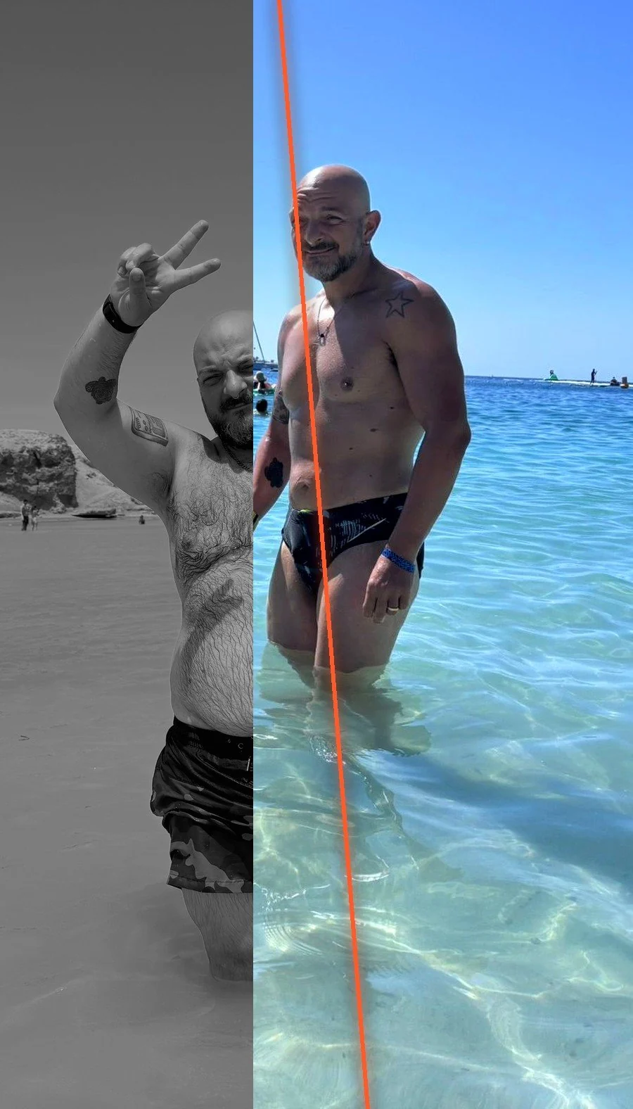 Giuseppe Tofani, confronto prima e dopo affiancato in un'unica immagine: a sinistra l'inizio del percorso, a destra il fisico attuale, dopo oltre 35kg di trasformazione